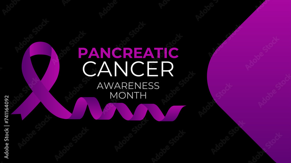 Sticker Pancreatic cancer awareness poster. Purple ribbon on black background. Pancreatitis disease. Medical concept. Holiday concept. cover, flyer, card, banner, poster. Vector illustration - Stickers