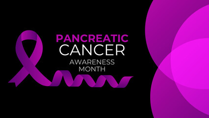 Pancreatic cancer awareness poster. Purple ribbon on black background. Pancreatitis disease. Medical concept. Holiday concept. cover, flyer, card, banner, poster. Vector illustration
