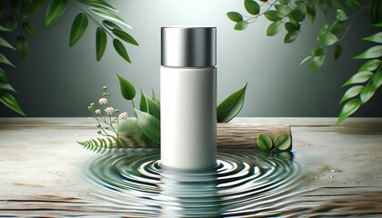 White Beauty Products Packaging Mockup, cosmetic makeup bottle on water ripple, natural background - obrazy, fototapety, plakaty