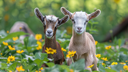 Two young goats stand together in a green field dotted with yellow flowers
