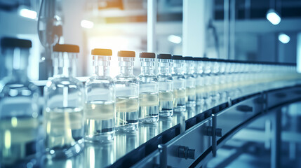 Obraz premium Medical vials on production line at pharmaceutical factory