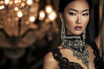 Professional Photography of a Glamorous Asian Top Model Adorned in Luxurious Jewelry and Eveningwear, Generative AI - Powered by Adobe