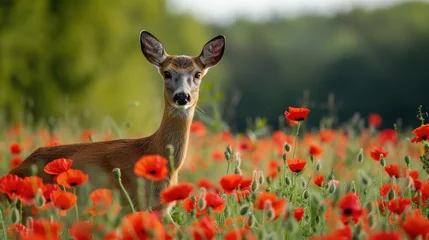 Deurstickers A graceful roe deer bounds through a vibrant field of red poppies set against a soft focus backdrop of lush greenery under a clear sky © Halim Karya Art