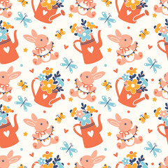 Obraz premium Spring vector seamless pattern with watering pot, funny pink bunny and bouquets of flowers. Cute holiday background. Hand drawn village or garden aesthetic. Adorable bright fabric, repeat pattern.