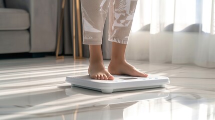 Close up of barefoot female standing on digital weight and body fat scales on living floor in morning.