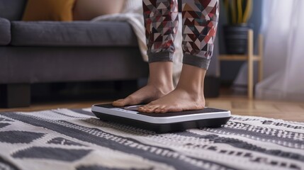 Close up of barefoot female standing on digital weight and body fat scales on living floor in morning. - obrazy, fototapety, plakaty