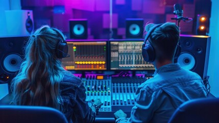 Back view of male audio engineer and female vocalist enjoying recorded song in control room and mixing board. - obrazy, fototapety, plakaty