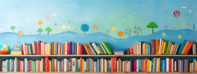 Children's books lie on a bookshelf. Banner