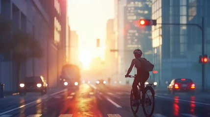 Foto op Canvas A man bike a bicycle in urban city with sunset background. © Alice a.