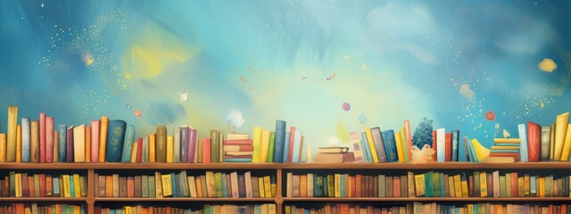 Children's books lie on a bookshelf. Banner