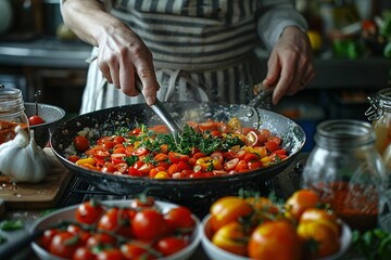 Obraz premium A chef is preparing a meal in a restaurant kitchen, surrounded by an array of fresh fruits, vegetables, and groceries, highlighting a vibrant scene of healthy, organic produce and cooking essentials f