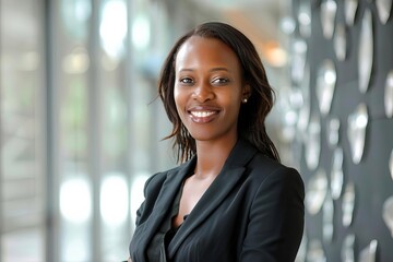 Confident and successful businesswoman with a radiant smile Projecting professionalism and positivity in a corporate environment Engaging with potential clients and promoting career opportunities