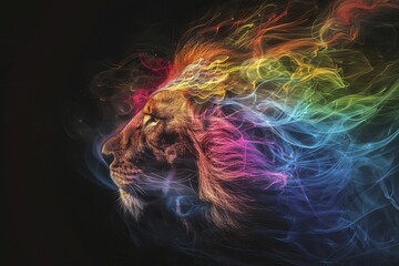 Dynamic lion head portrait rendered in a spectrum of flames Illustrating the power Majesty And fiery spirit of the animal kingdom against a dark Enigmatic background