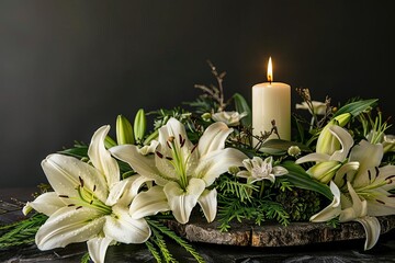Elegant funeral arrangement with lilies and a candle Conveying solemnity and remembrance on a dark background