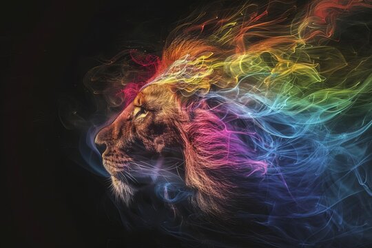 Dynamic lion head portrait rendered in a spectrum of flames Illustrating the power Majesty And fiery spirit of the animal kingdom against a dark Enigmatic background