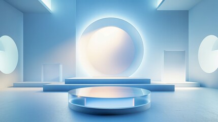Abstract 3D blue round pedestal podium background with glowing lighting. Product display mockup presentation. Pastel minimal wall scene. Stage showcase. Platforms vector geometric design.