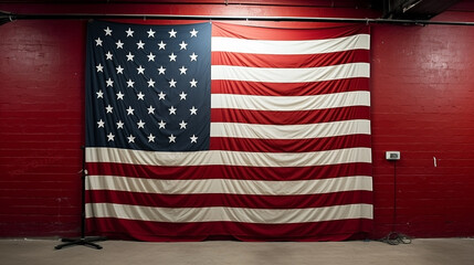 A  american flag hangs on a wall of theater, eccentric props, symbolic props, installation creator