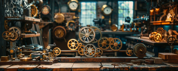 Dreaming in a steampunk inventors workshop with gears and clocks ticking softly - obrazy, fototapety, plakaty