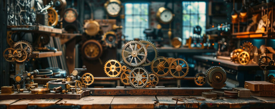 Dreaming in a steampunk inventors workshop with gears and clocks ticking softly