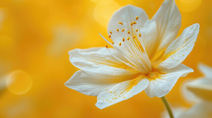 A detailed close-up of a white and yellow flower with delicate petals against a vibrant yellow background