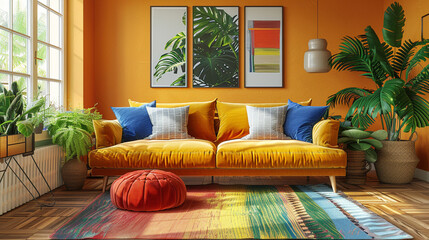 Home decor mockups in a range of lively colors for a cheerful living space