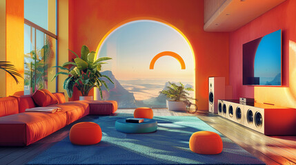 Home theater system mockups in sleek colorful designs for an immersive viewing experience - obrazy, fototapety, plakaty