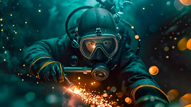 an underwater diver worker wearing a Military watch and welding a tube underwater ,generative ai