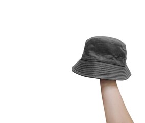 Black bucket hat on hand Isolated on a white background