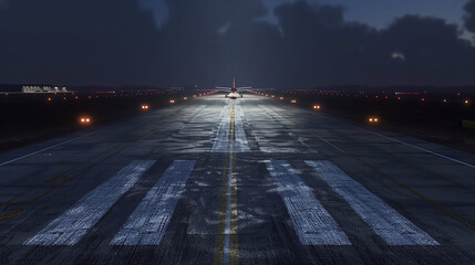A empty runway at the airport at night time.