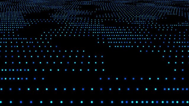 Abstract blue binary code pattern with a mosaic tile effect, glowing brightly on a black digital backdrop
