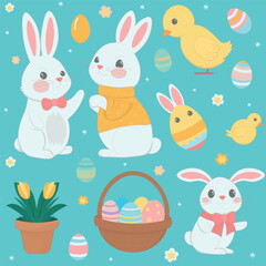 Fototapeta na wymiar Happy Easter design elements set. Adorable bunnies in various poses, cheerful yellow ducklings, decorated eggs, and a basket filled with Easter treats, all set against a soft blue background sprinkled