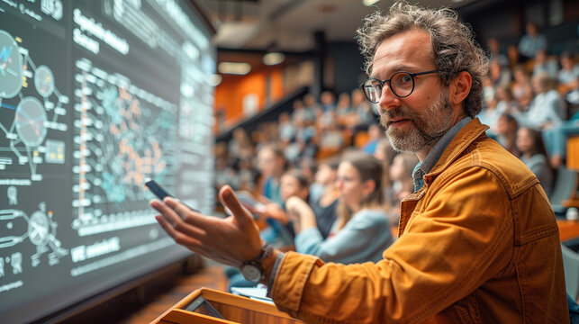Professor Teaching University Students. A professor engaging with students during a lesson presentation in a modern lecture hall.
