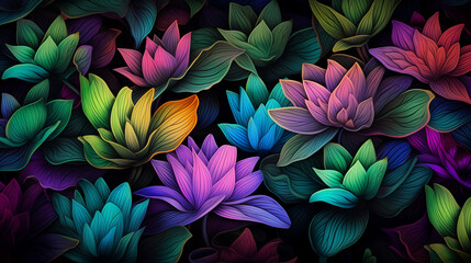 colorful waterlily background on black pattern wallpaper blue purple yellow vivid bold texture nature design green illustration light dark contrast dreamlike magic abstract drawing painting