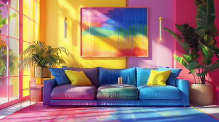 A colorful vibrant of living room interior design.
