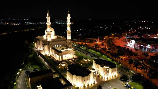 Seremban, Malaysia - February 2024. Aerial view of Masjid Sri Sendayan, artistic Islamic architecture mosque at night.