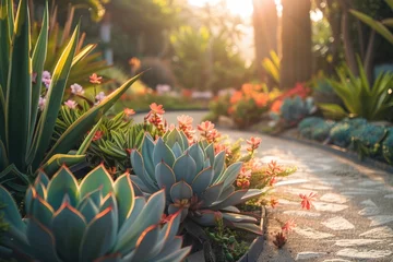 Fototapeten cactus, agave and Succulents garden, luxury landscape design with green manicured lawn, beautiful flower beds and path. soft sunrays. © banthita166