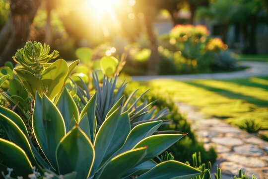 cactus, agave and Succulents garden, luxury landscape design with green manicured lawn, beautiful flower beds and path. soft sunrays.