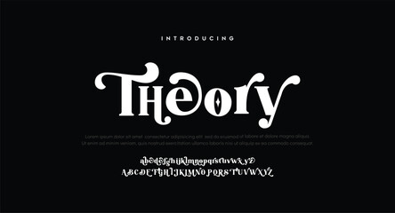 Theory Creative modern alphabet. Dropped stunning font, type for futuristic logo, headline, creative lettering and maxi typography. Minimal style letters with yellow spot. Vector typographic desi