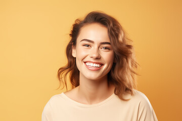 Portrait of a cheerful young woman with a radiant smile, posing against a warm yellow background.