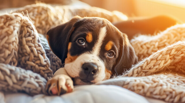 A cute beagle puppy sleeping soundly in a cozy bed with natural light.