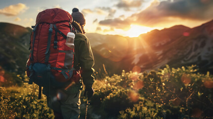 A sunset on the mountains with hiker walking. Adventure outdoor activity concept. - obrazy, fototapety, plakaty