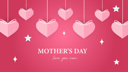 Red and white happy mothers day background with flowers and hearts. Vector illustration