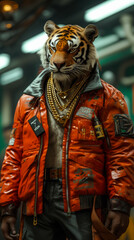 Fototapeta na wymiar Trendsetting tiger in a bomber jacket, accessorized with gold chains, against a graffiti-filled alley backdrop, lit with streetlamp glow, exuding urban sophistication and edge