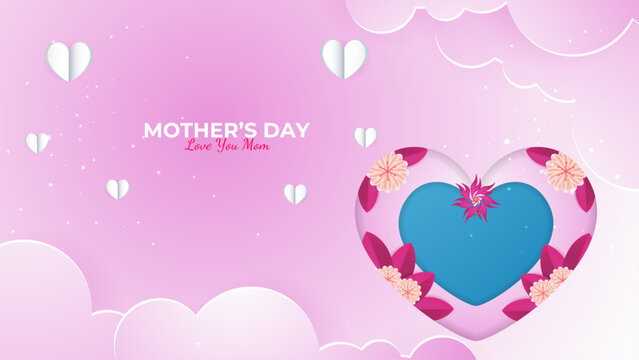 Pink blue and purple violet happy mothers day background with flowers and hearts. Vector illustration