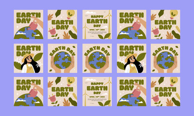 happy earth day social media post vector flat design set