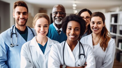 A group of doctors of different nationalities and genders looks at the camera while standing