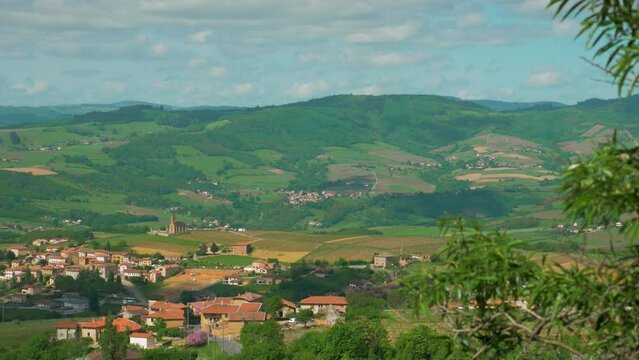 View of the commune of Val d'Oingt from a nearby hill in Rhone in the Auvergne-Rhone-Alpes, France