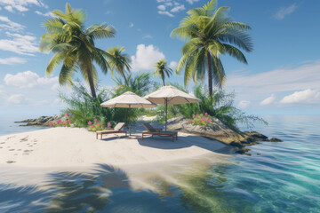 Island with palm trees umbrellas lounge chairs on the beach