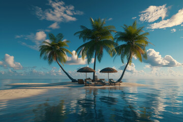 Tropical small island with palm trees on blue sky clouds