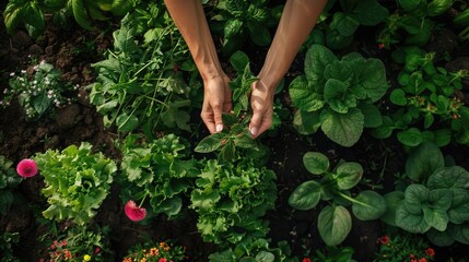 Fototapeta premium human hands plant sprouts in the vegetable garden and beds in the greenhouse. Agriculture and planting concept.